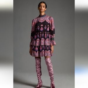 Anthropologie NWOTs Mixed Print Tiered Beaded Dress